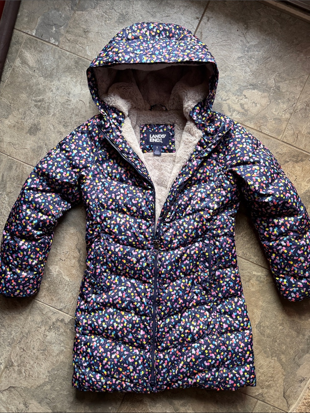 Lands' End Kids Hooded Puffer Coat with Confetti Print